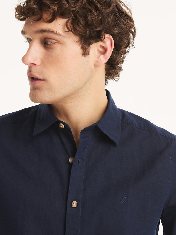 Short Sleeve Linen Blend Regular Fit Shirt, Navy Seas, hi-res image number 4
