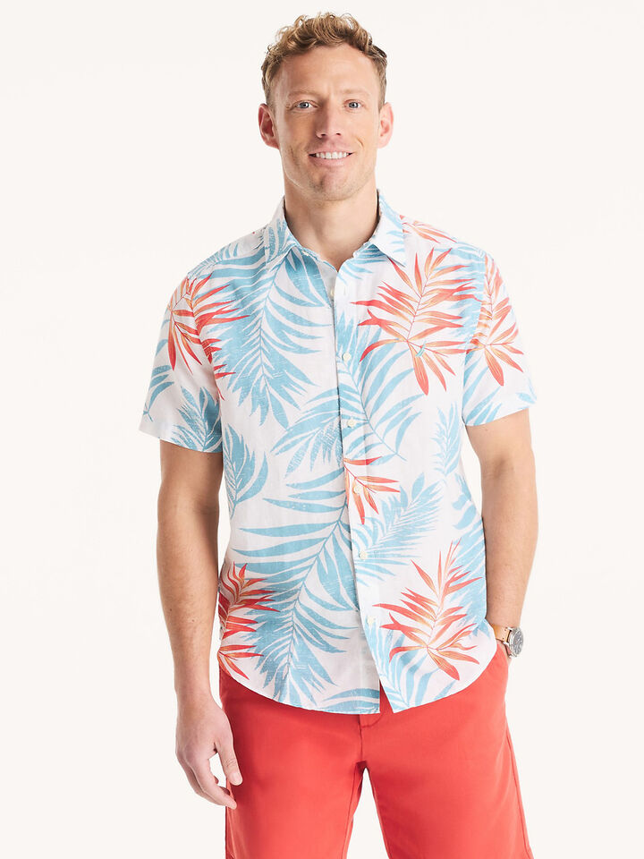 Short Sleeve Linen Palm Print Shirt