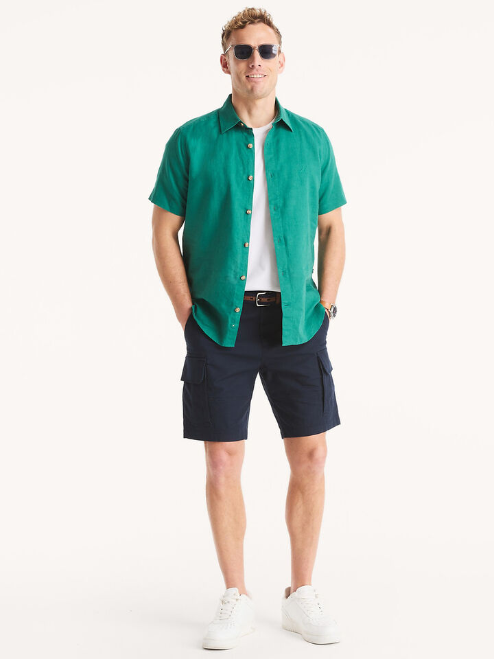 Short Sleeve Regular Fit Linen Shirt, Leaf Green, hi-res image number 3