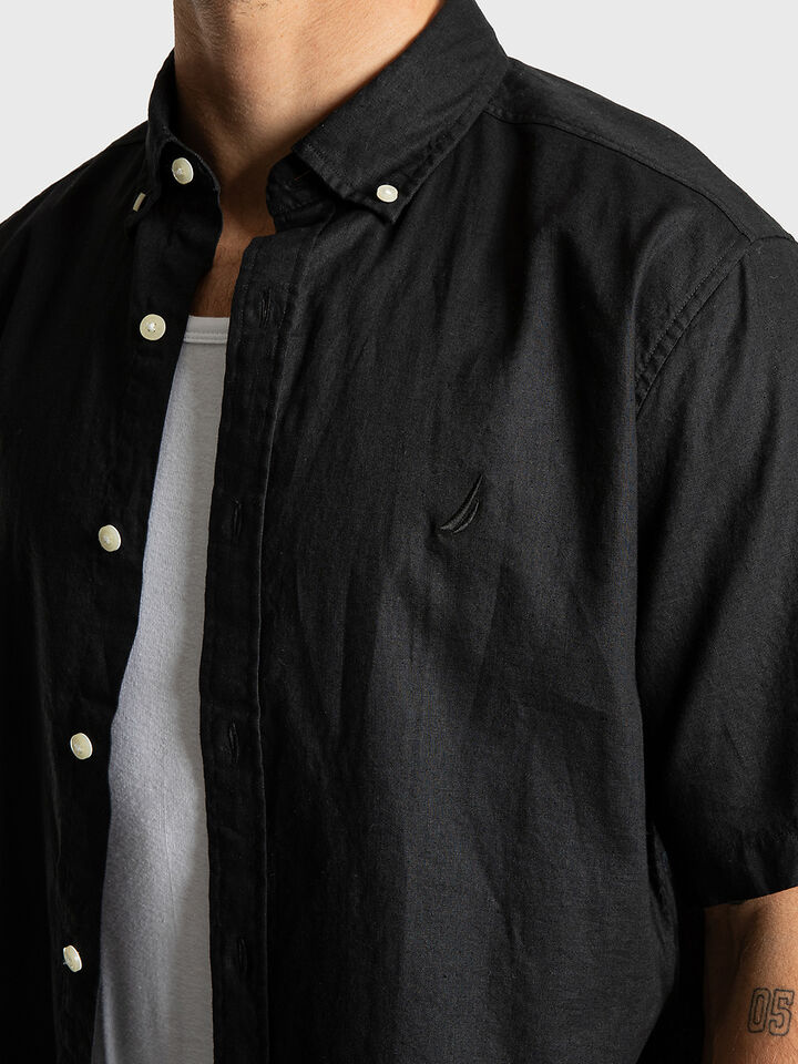 Short Sleeve Relaxed Fit Linen Blend Shirt, True Black, hi-res image number 3