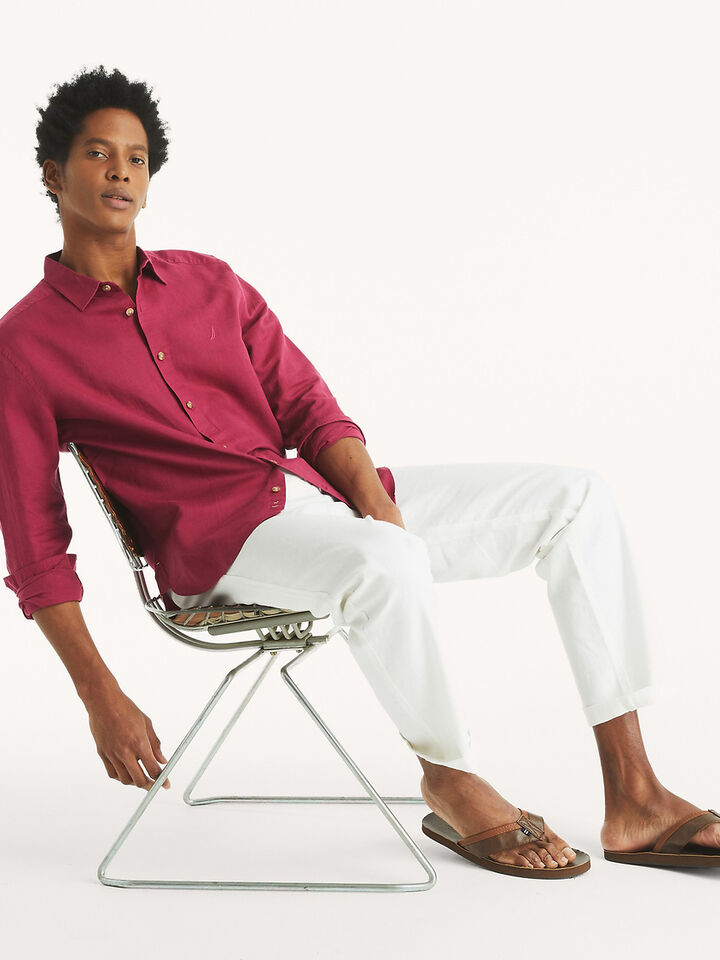 Long Sleeve Linen Blend Regular Fit Shirt, Crimson Sunset, hi-res image number 3