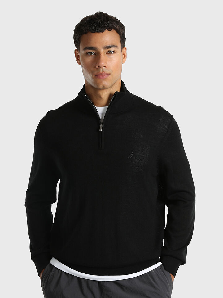 Australian Merino Wool Blend &frac14; Zip Regular Fit Sweater, True Black, hi-res image number 1