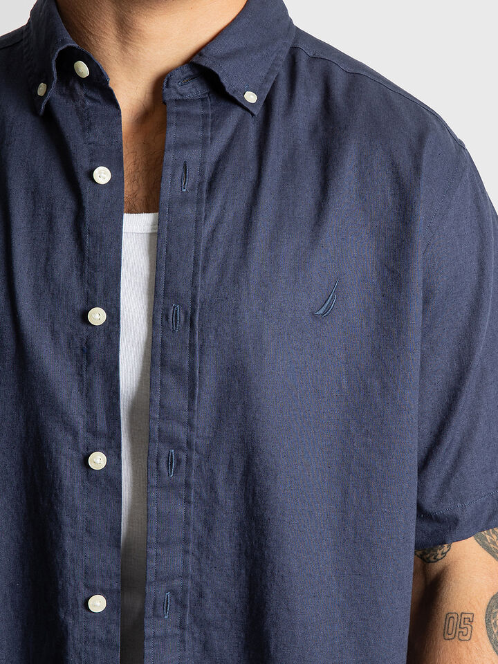 Short Sleeve Relaxed Fit Linen Blend Shirt, Navy, hi-res image number 3