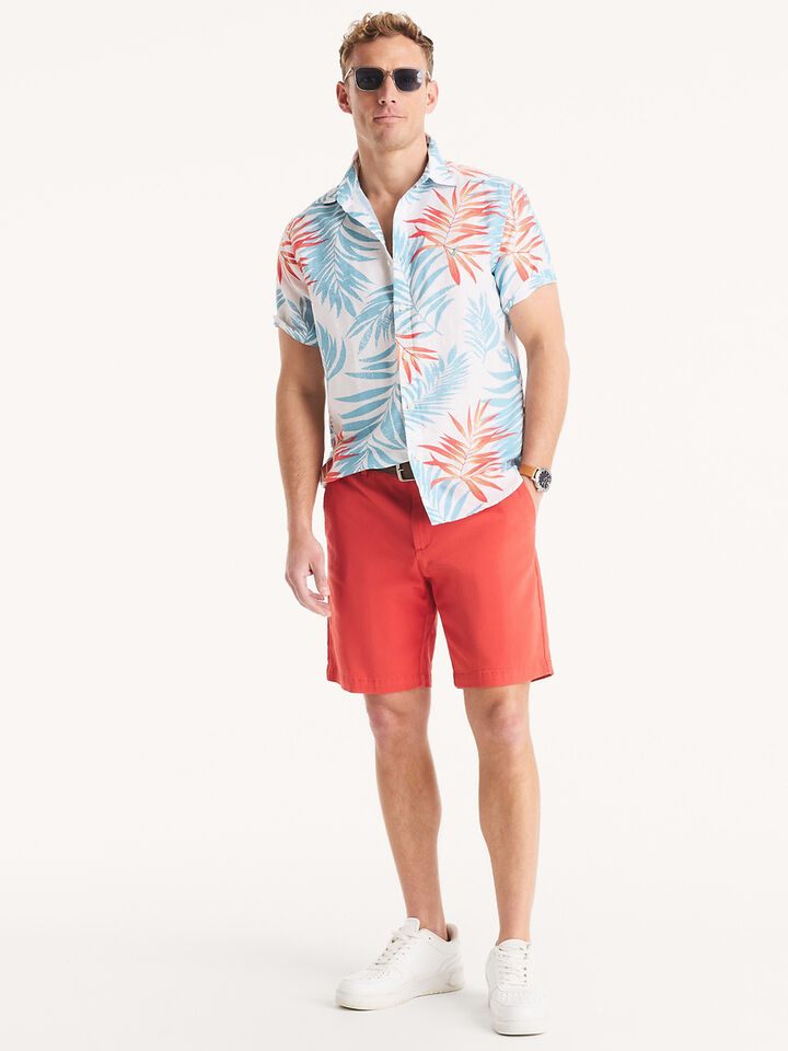 Short Sleeve Linen Palm Print Shirt, Bright White, hi-res image number 3