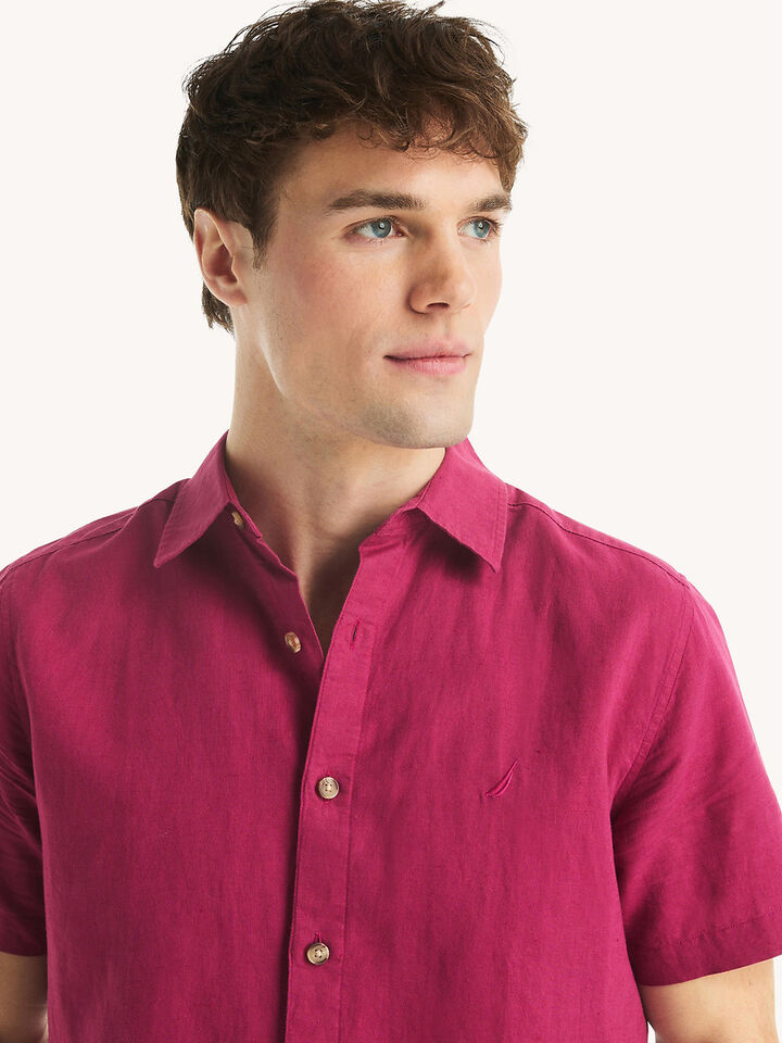 Short Sleeve Regular Fit Linen Shirt, Crimson Sunset, hi-res image number 4