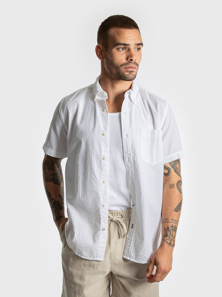 Short Sleeve Solid Seersucker Shirt, Bright White, hi-res image number 1