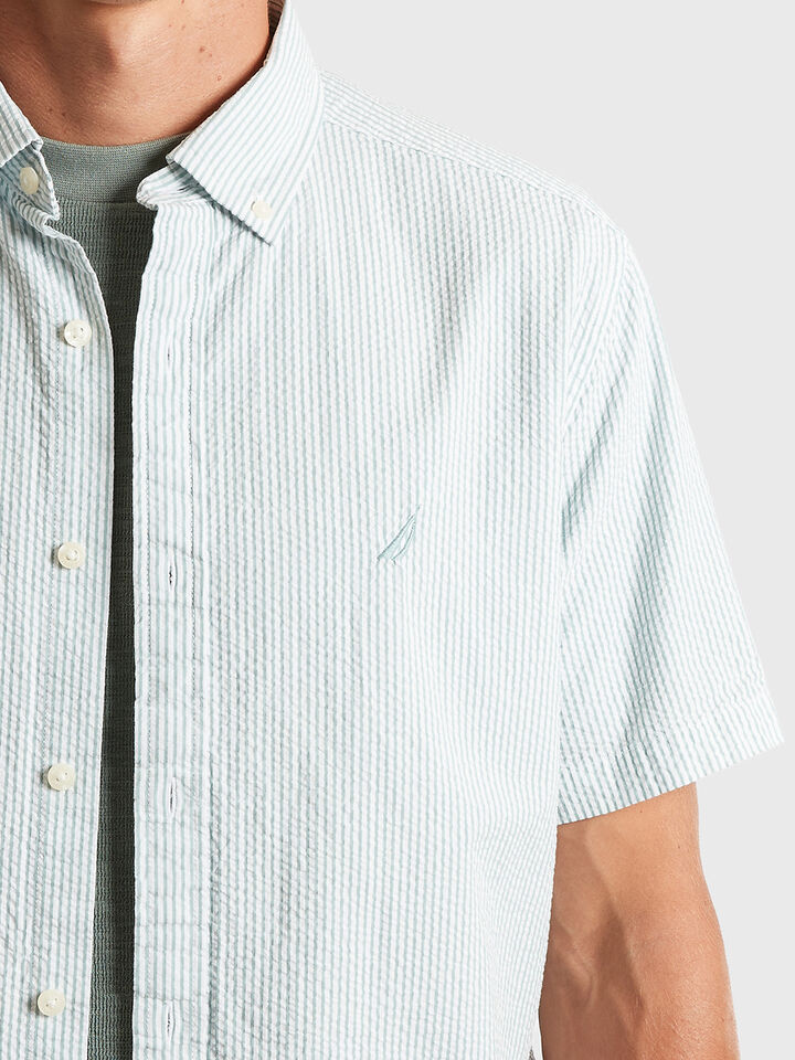 Short Sleeve Seersucker Shirt, Marine Green Stripe, hi-res image number 3