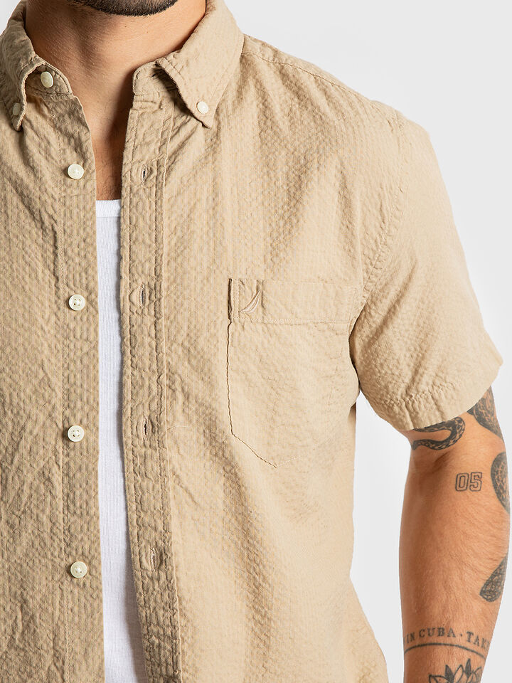 Short Sleeve Solid Seersucker Shirt, Sandy Bar, hi-res image number 3