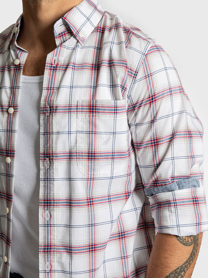 Long Sleeve Regular Fit Tencel Plaid Shirt, Bright White, hi-res image number 3