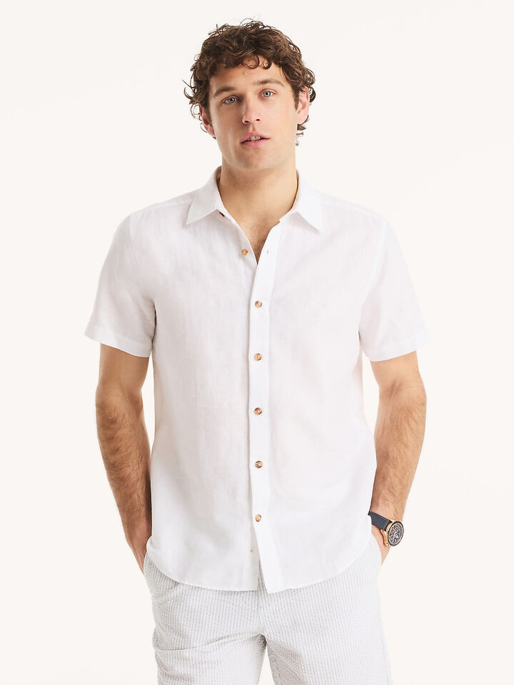 Short Sleeve Linen Blend Regular Fit Shirt, Bright White, hi-res image number 1