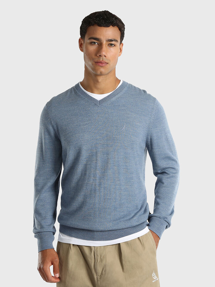 Australian Merino Wool Blend V-Neck Regular Fit Sweater, Lapis Blue, hi-res image number 1