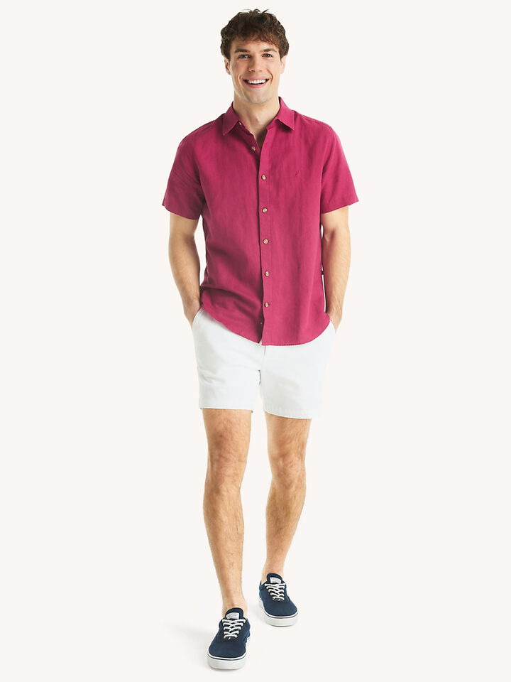 Short Sleeve Regular Fit Linen Shirt, Crimson Sunset, hi-res image number 3