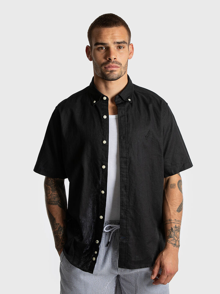 Short Sleeve Relaxed Fit Linen Blend Shirt, True Black, hi-res image number 1