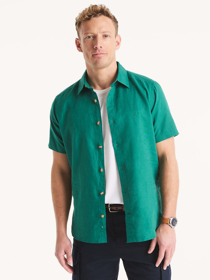 Short Sleeve Regular Fit Linen Shirt, Leaf Green, hi-res image number 1