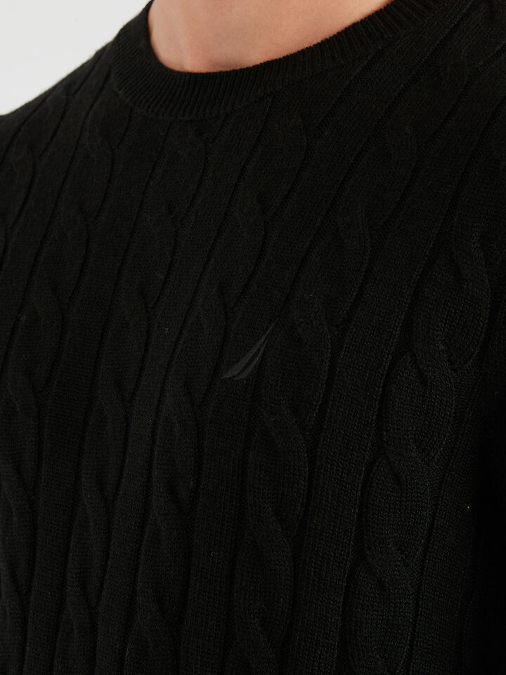 Merino Wool Cable Knit Sweater, True Black, hi-res image number 3