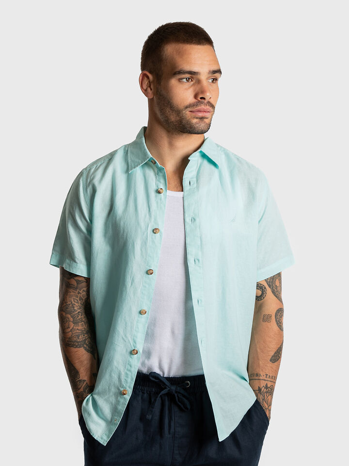 Regular Fit Short Sleeve Linen Blend Shirt, Seawater Blue, hi-res image number 1