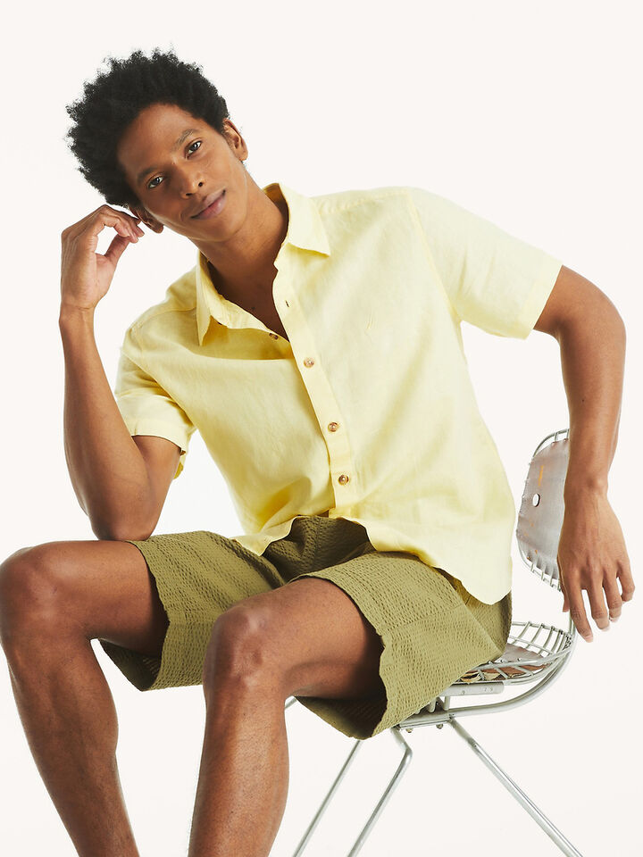 Short Sleeve Regular Fit Linen Shirt, Corn, hi-res image number 3