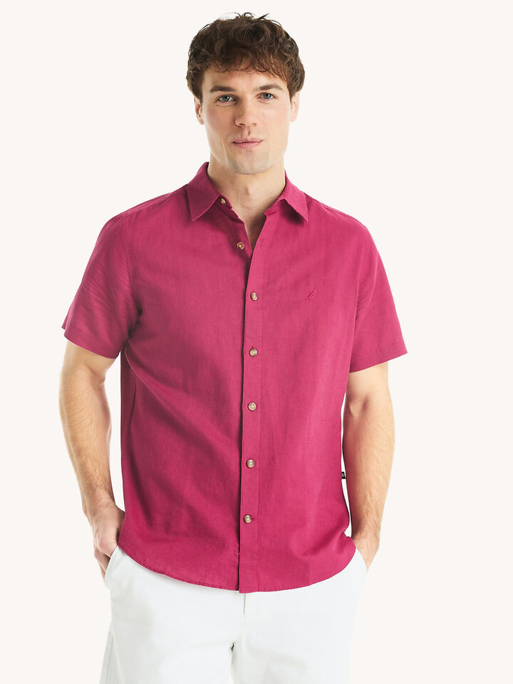 Short Sleeve Regular Fit Linen Shirt, Crimson Sunset, hi-res image number 1