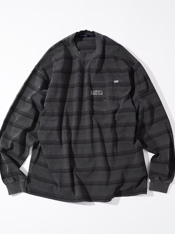 Nautica Japan Pigment Dyed Striped Border LS Tee, Black, hi-res image number 1