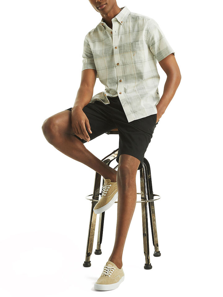 Short Sleeve Regular Fit Tonal Plaid Shirt, Sail White, hi-res image number 3