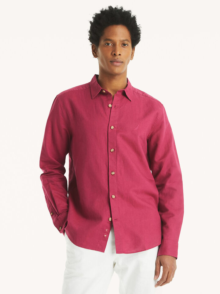 Long Sleeve Linen Blend Regular Fit Shirt, Crimson Sunset, hi-res image number 1