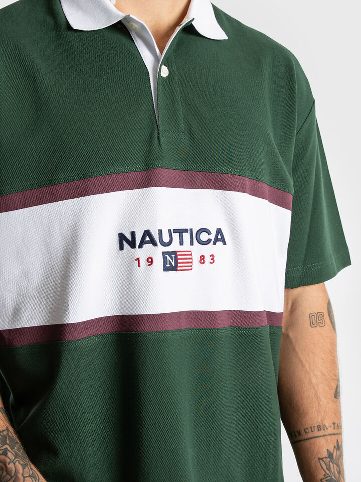Short Sleeve Relaxed Fit Colour Block Polo Shirt, Tidal Green, hi-res image number 3
