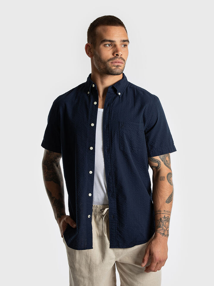 Short Sleeve Solid Seersucker Shirt, Navy Seas, hi-res image number 1