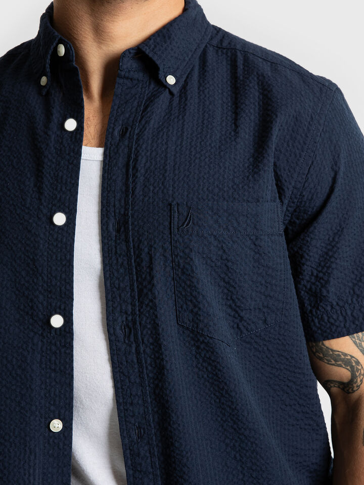 Short Sleeve Solid Seersucker Shirt, Navy Seas, hi-res image number 3
