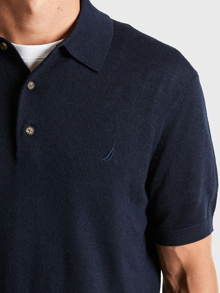 Australian Merino Wool Blend Short Sleeve Polo Knit, Navy, hi-res image number 3