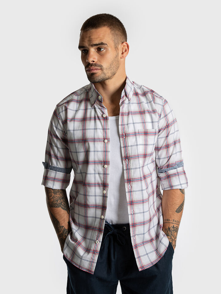 Long Sleeve Regular Fit Tencel Plaid Shirt, Bright White, hi-res image number 1