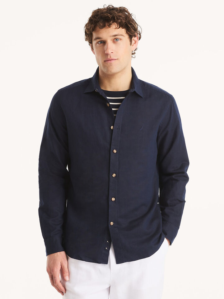 Long Sleeve Linen Deck Shirt, Navy Seas, hi-res image number 1