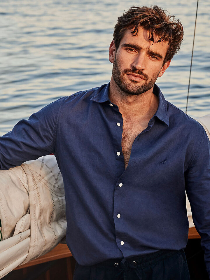 Nautica Essentials Collection Long Sleeve Linen Shirt, Navy, hi-res image number 5