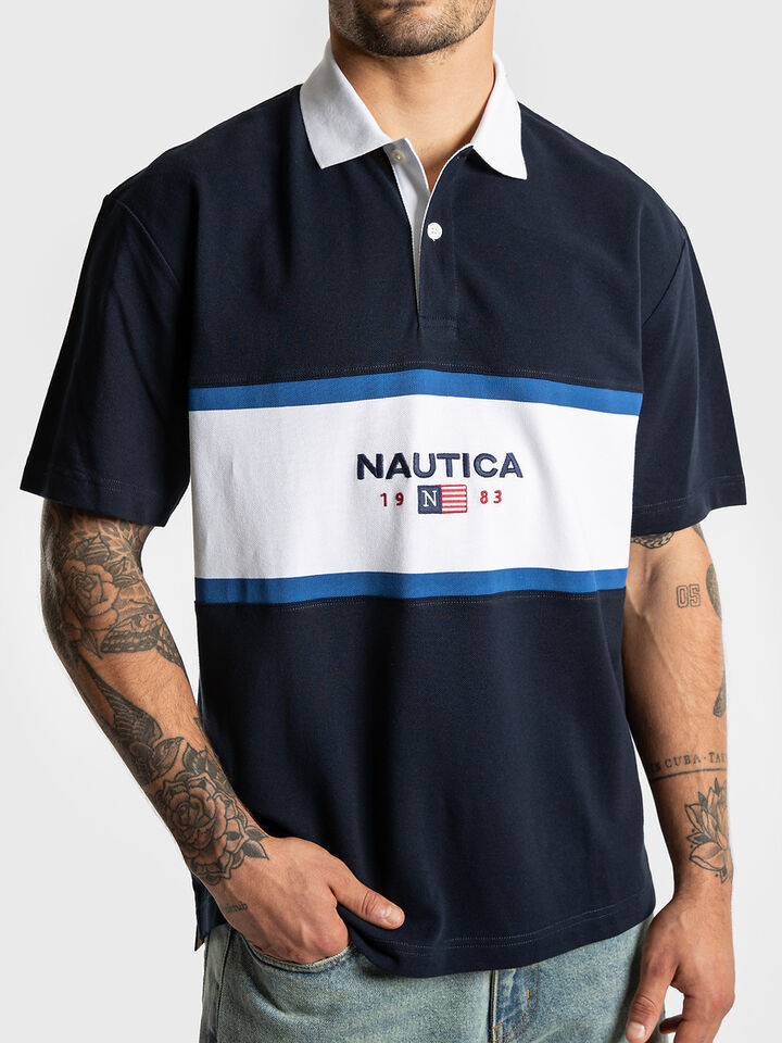 Short Sleeve Relaxed Fit Colour Block Polo Shirt, Navy, hi-res image number 3