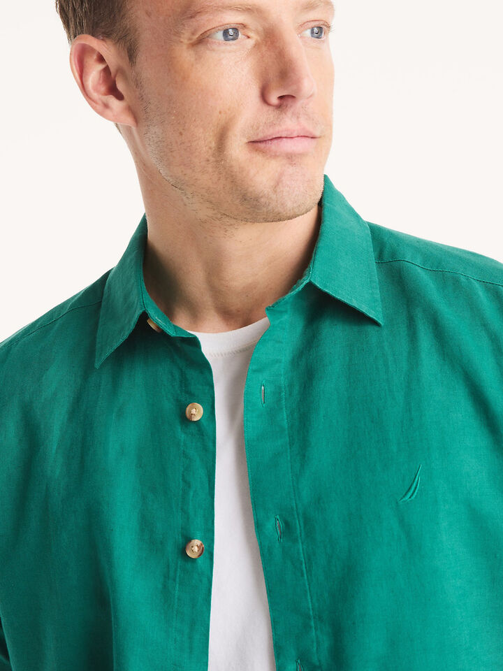 Short Sleeve Regular Fit Linen Shirt, Leaf Green, hi-res image number 4